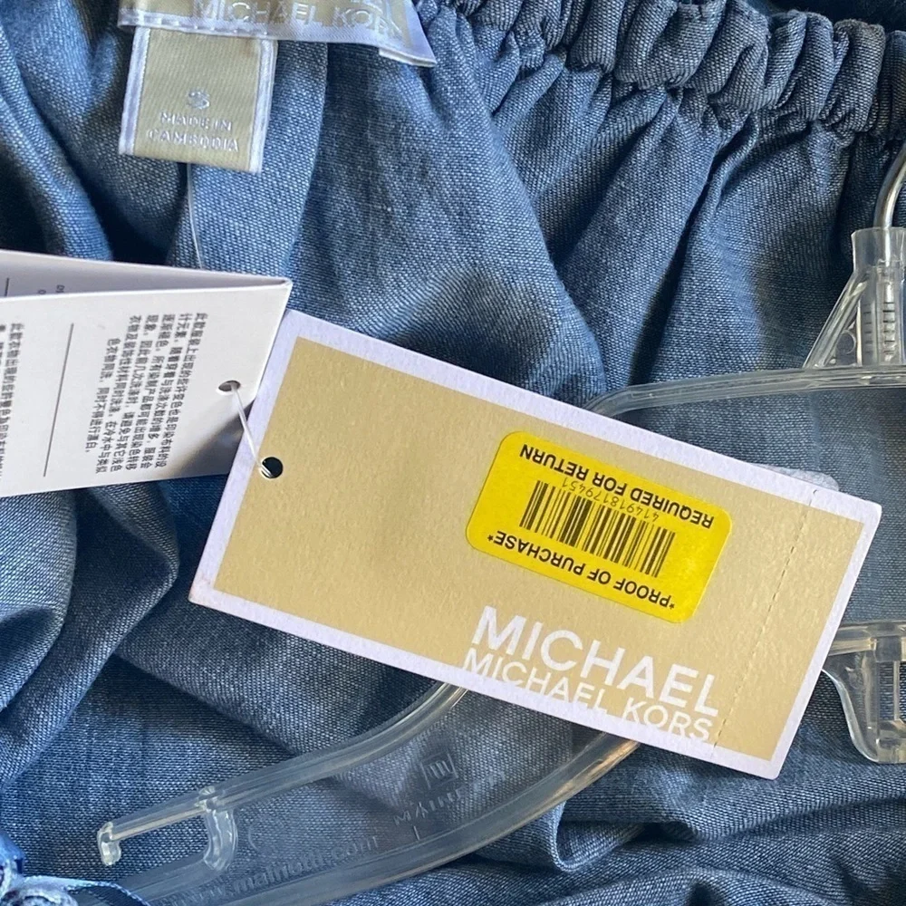 MICHAEL KORS Denim Chambray RUFFLE ON/OFF SHOULDER JUMPSUIT Small …Boho casual